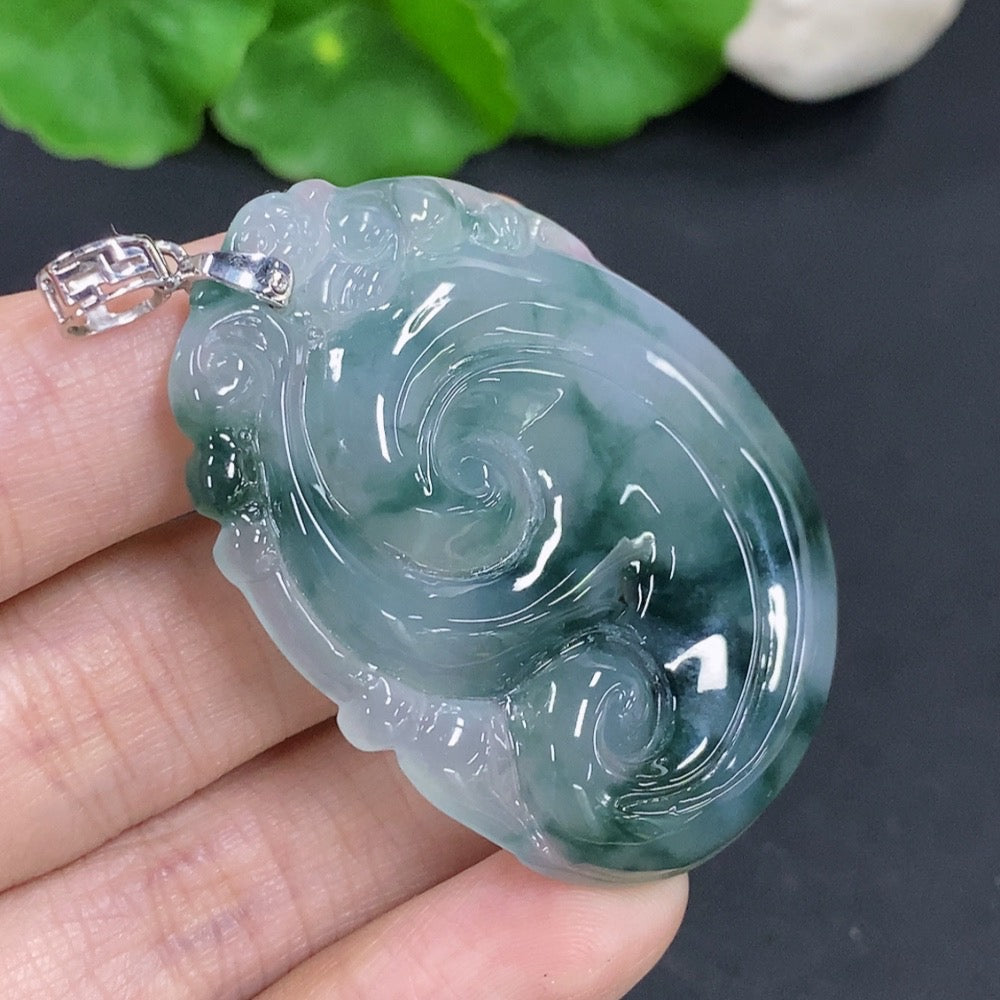 Damaged jadeite Ruyi pendant with 18K gold clasp from HKHQ, showcasing intricate jade design and gold details.