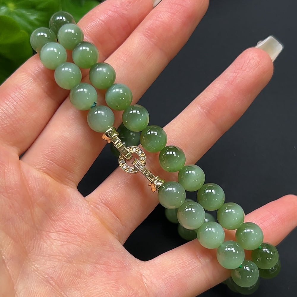 HKHQ Hetian Jade bead chain necklace with 8mm non-gold beads, showcasing smooth, round jade stones on a delicate string.