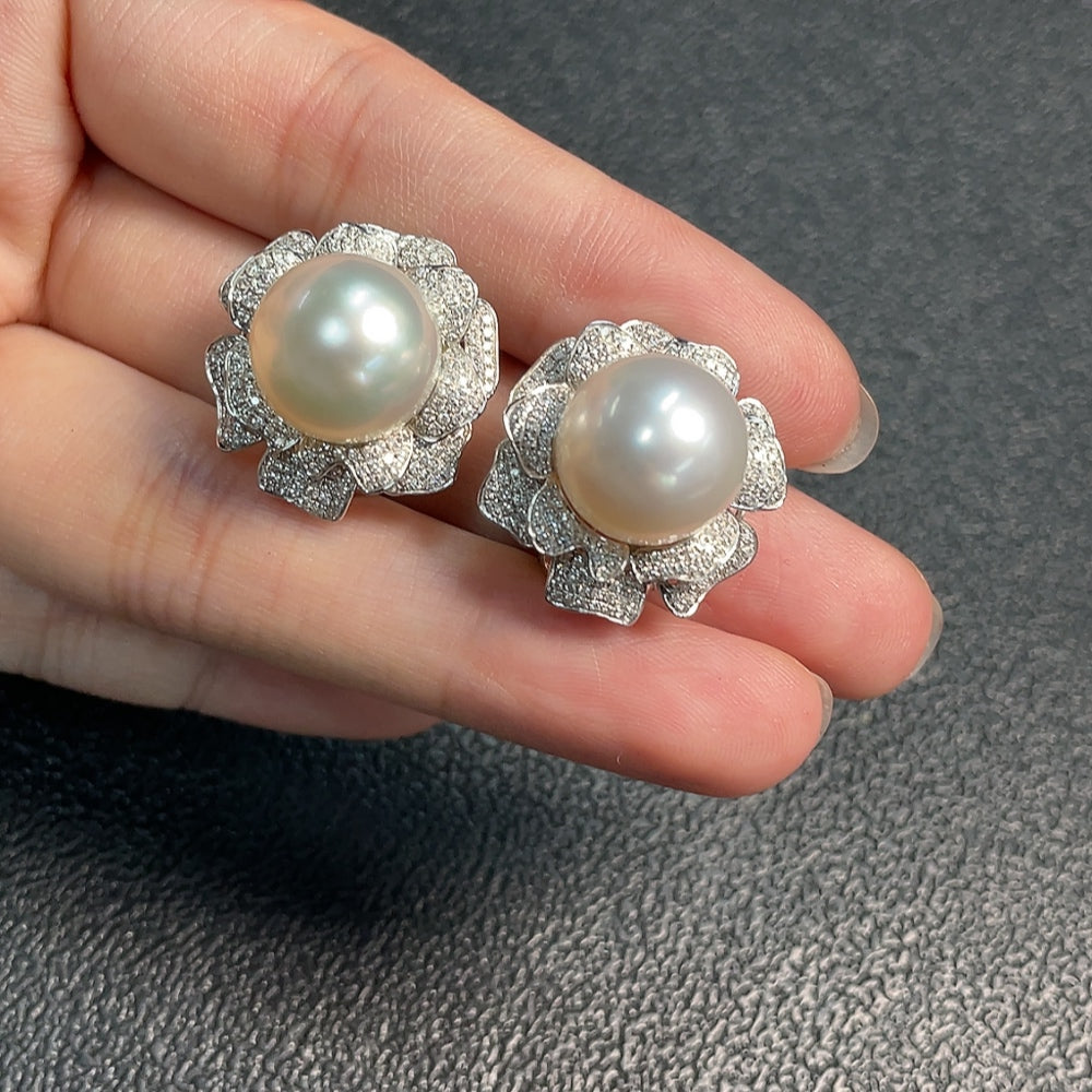18K Seawater Pearl Earrings with Diamond Accents, Total Weight Approximately 14.04g, Pearl Size About 12.6mm