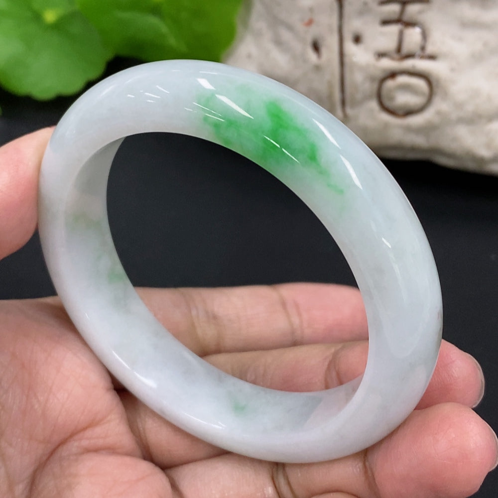 HKHQ jadeite round bangle in size 52.7 with a weight of 53.25g, showcasing smooth, polished jadeite bracelet design.