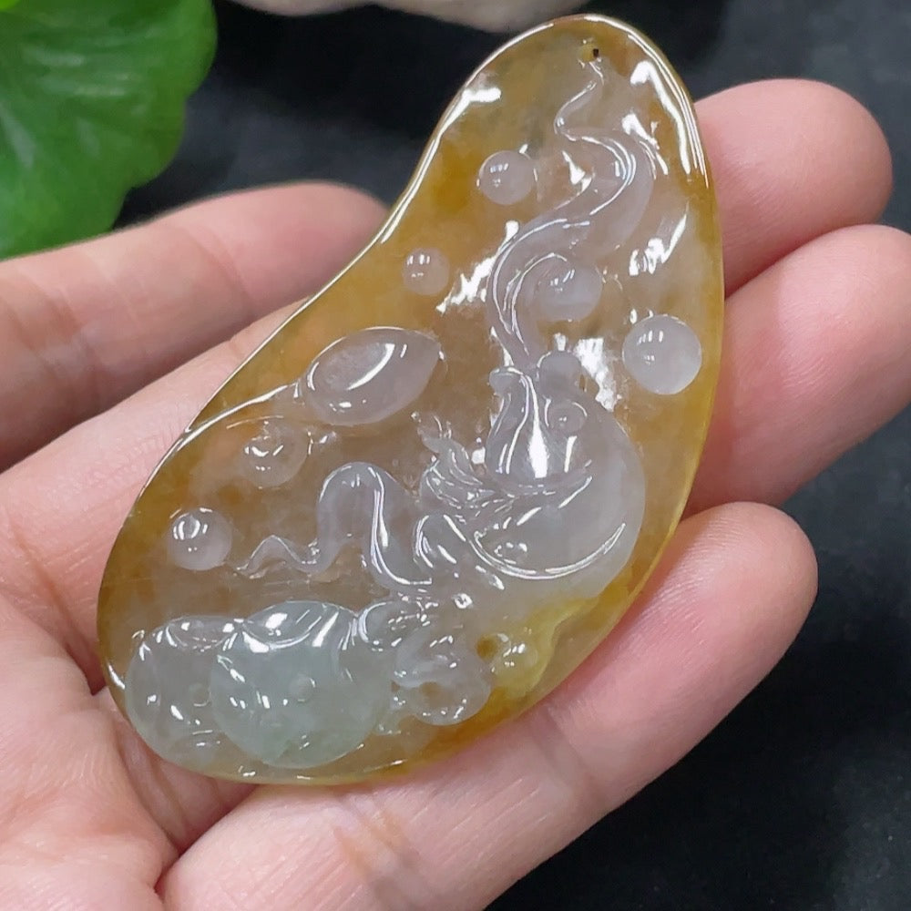 HUILIU HQ jadeite pendant titled "Abundance Year After Year" featuring polished green jade, handcrafted jewelry with intricate design