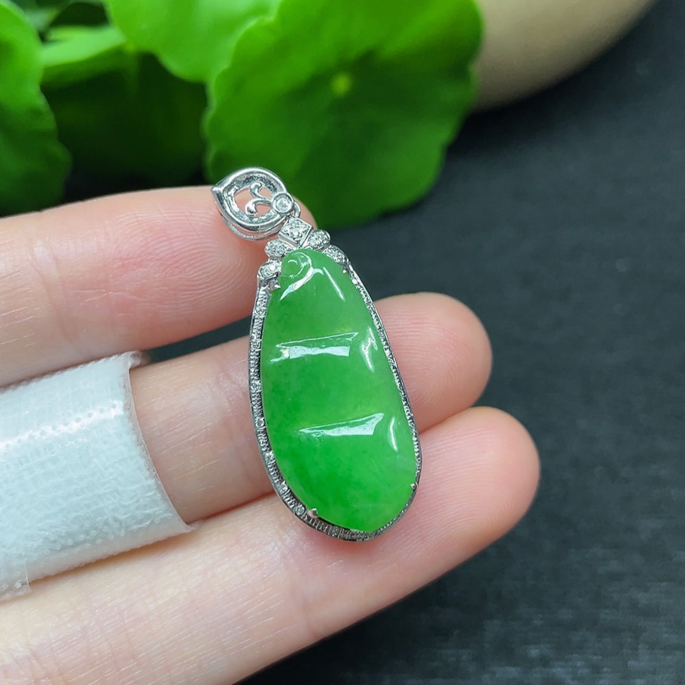 Jadeite Lucky Bean Pendant with 18K Gold and Diamond Accents