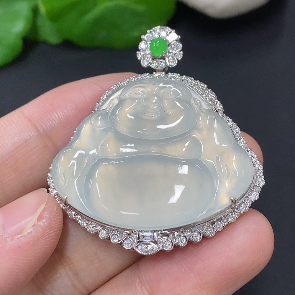 Jadeite Buddha Pendant Set in 18K Gold, Total Weight Approx. 18.2g (with Diamond Accents)