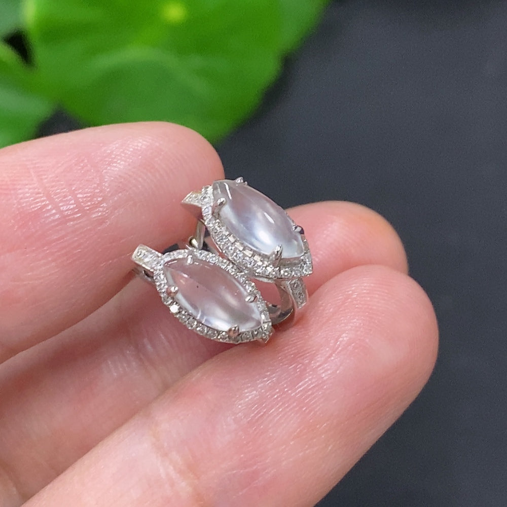 Jadeite earrings with 18K gold mounting and diamond accents, featuring smooth jade stones, weight approx. 2.6g, by HKHQ.