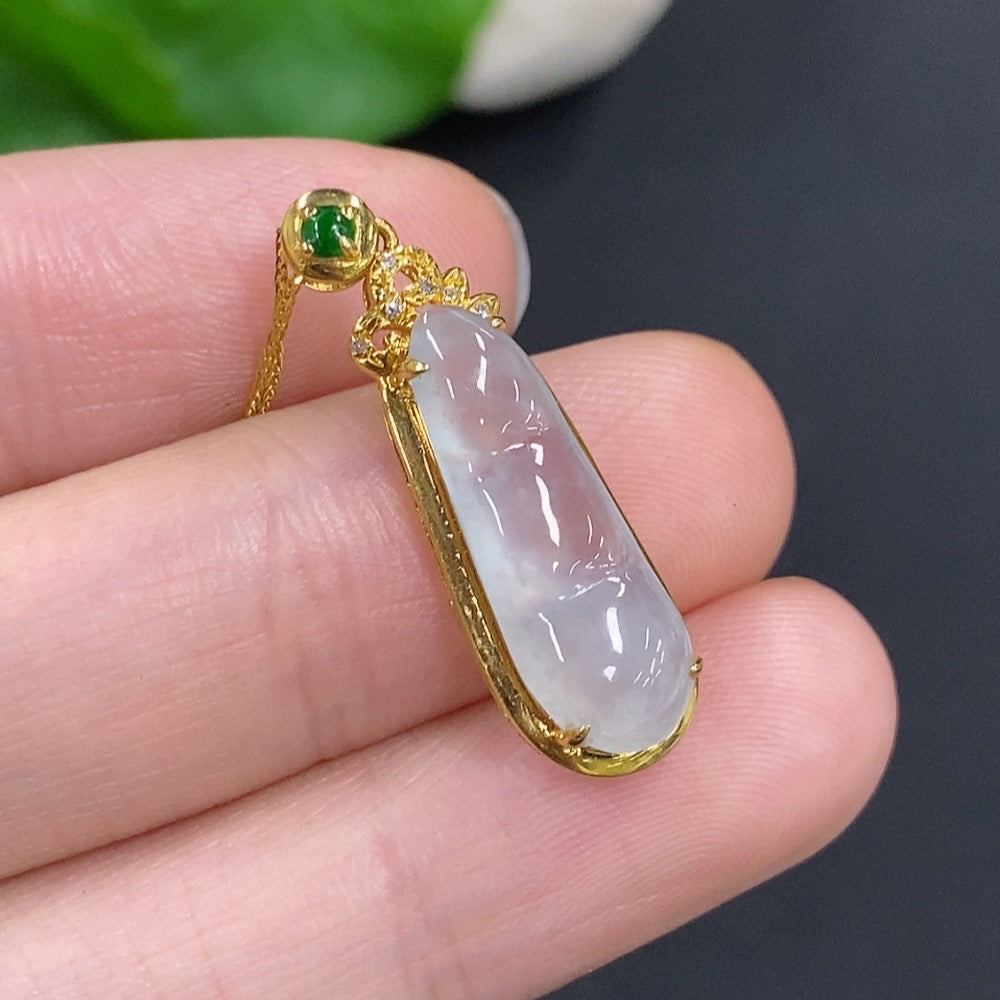 Huiliu Jadeite Auspicious Bean Pendant set with chain, accented with diamonds, featuring a green jade pendant and elegant jewelry design.