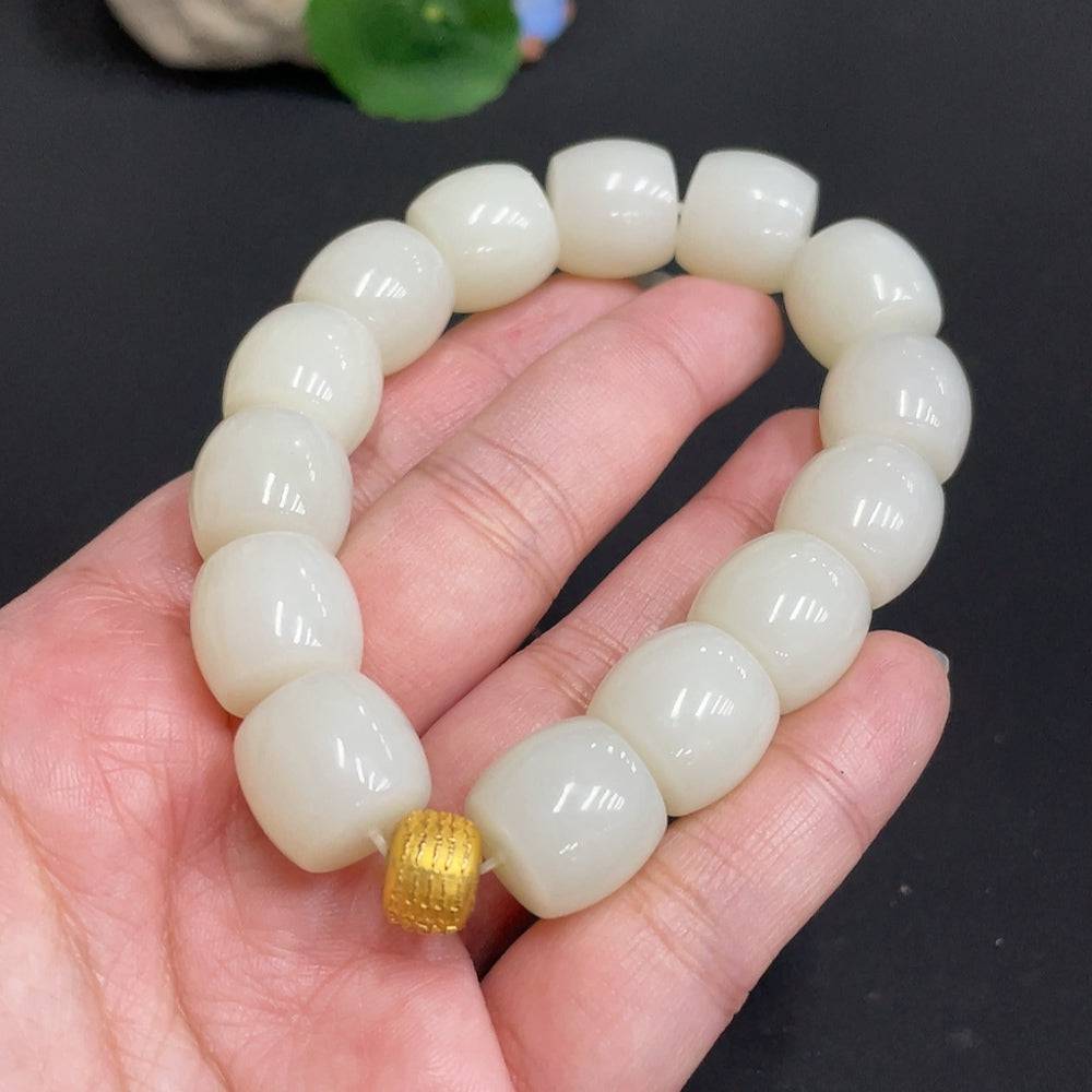 Hetian jade bracelet with 14.8mm beads, 18k gold tested accents, weighing 83g, crafted by HUILIU HQ.