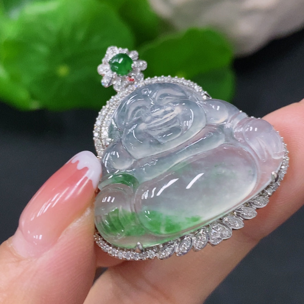 Jadeite Inlaid Buddha Pendant 18k Marked in Red for Uncertain Natural Origin Total Weight Approx. 8.5g