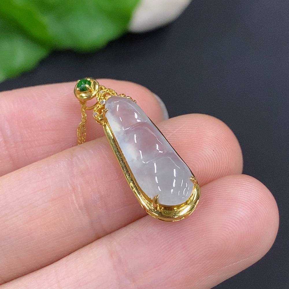 Huiliu Jadeite Auspicious Bean Pendant set with chain, accented with diamonds, showcasing intricate jade craftsmanship.