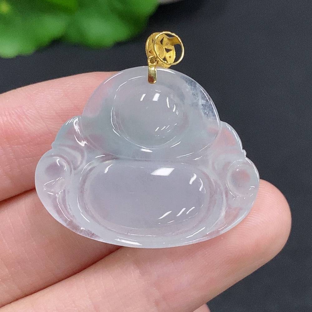 Jadeite Buddha pendant with 18k gold clasp, crafted from green jade, weighing approximately 6g, by HUILIU HQ.