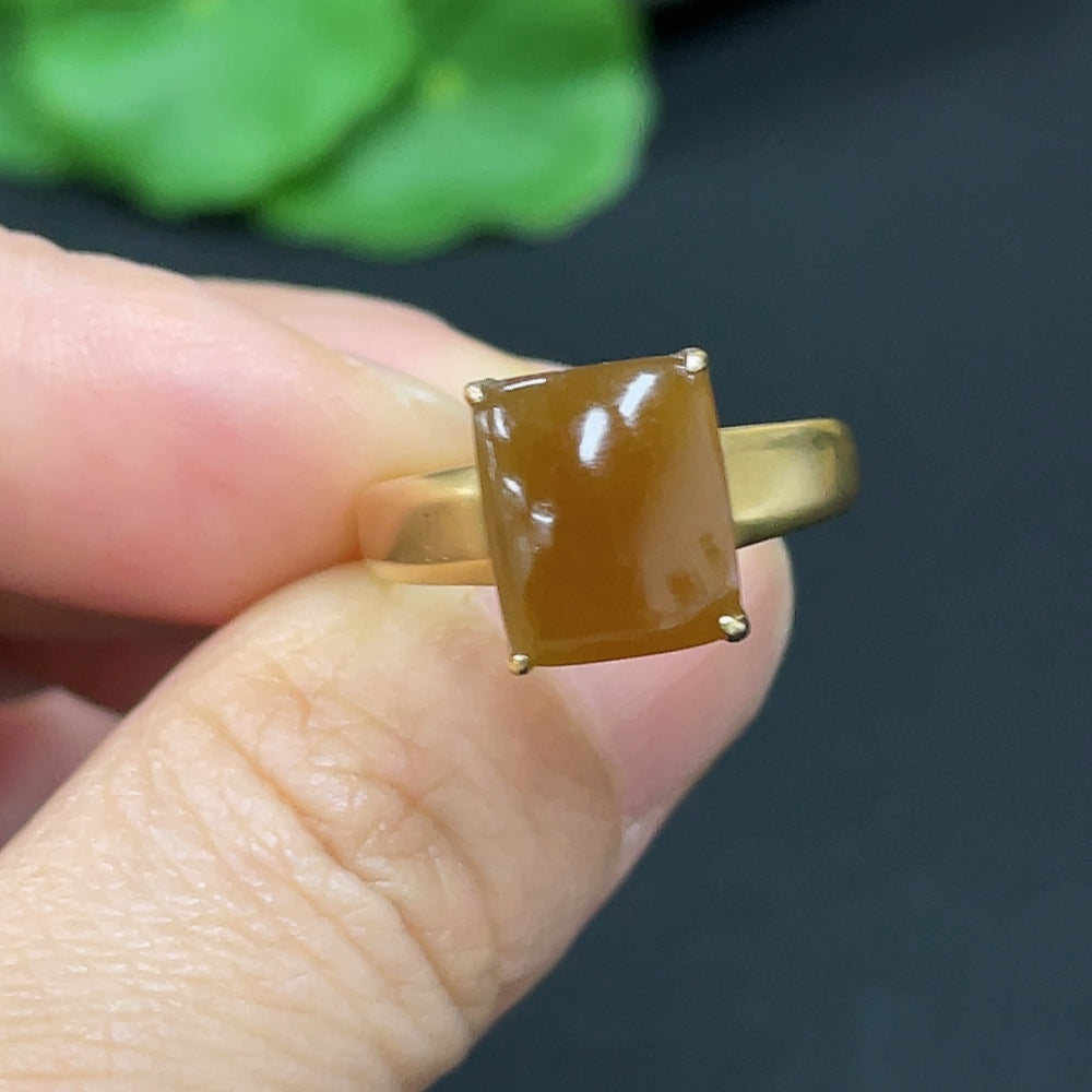 Adjustable Hetian Jade ring with 18K gold band, featuring smooth green jade stone, by HKHQ.