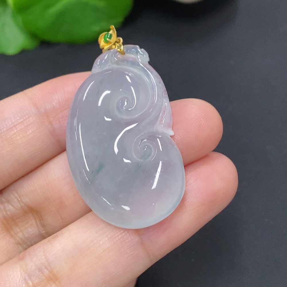 Jadeite Ruyi pendant necklace with 18K gold clasp, featuring smooth jadeite stone and elegant design.