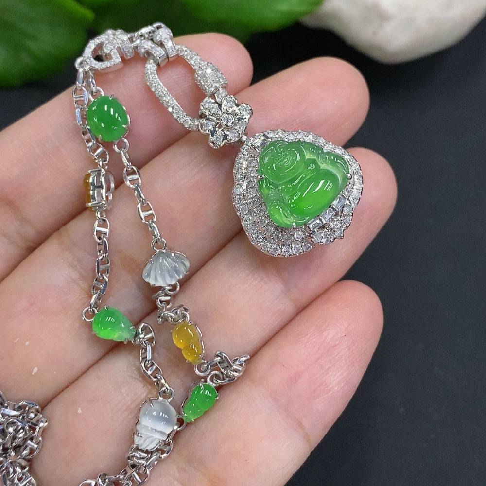 Jadeite Buddha pendant with 18K gold mount, accented with diamonds, weighing approximately 12.3g including chain, by HUILIU HQ.