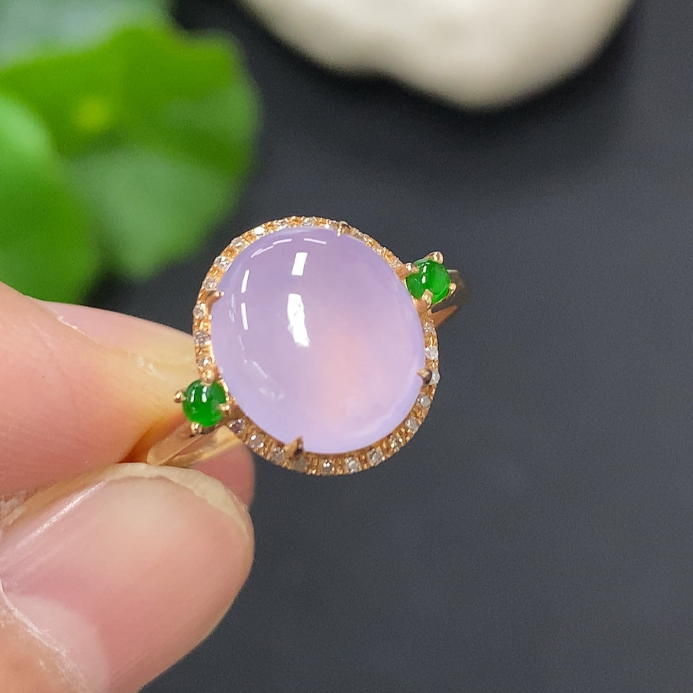 Jadeite cabochon ring with 18K gold and diamond accents, size 13, from HKHQ, showcasing a polished jade gemstone.