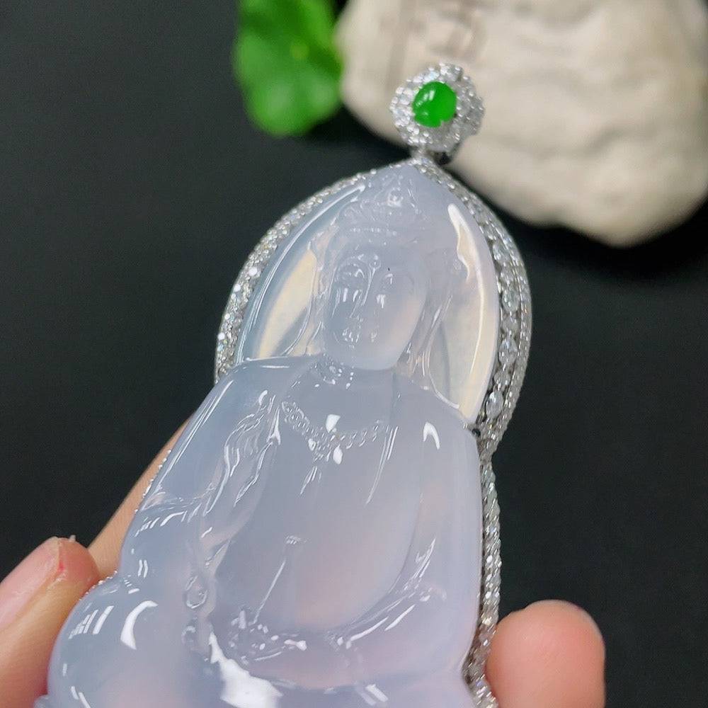 Jadeite Guanyin pendant with 18k gold inlay and diamond accents, crafted by HUILIU HQ, featuring intricate details and elegant design.