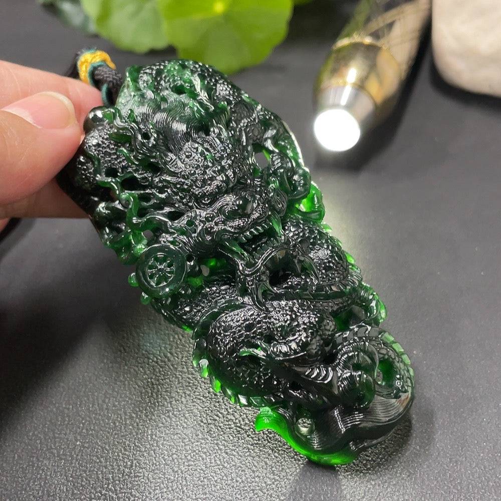Huiliu jadeite dragon pendant featuring intricate craftsmanship and vibrant green jade, certified by Huiliu HQ.