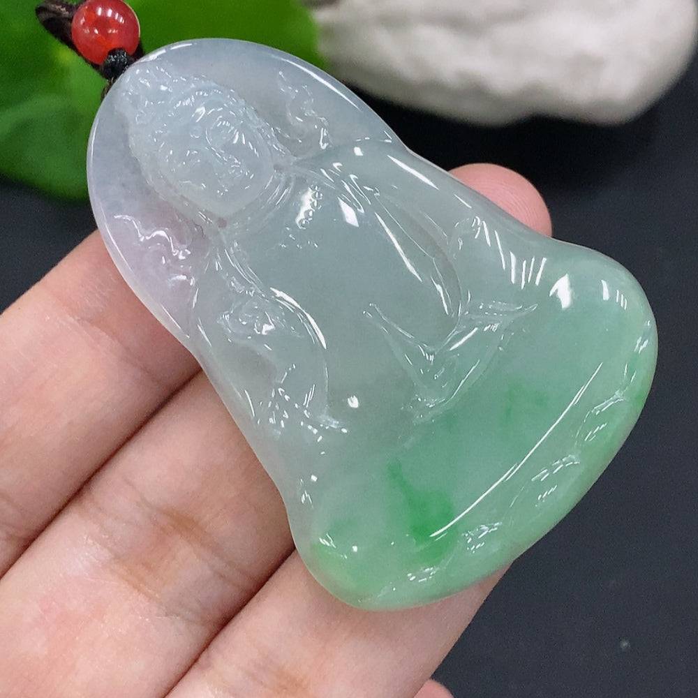Jadeite Guanyin pendant from HUILIU HQ, featuring intricate carved design, weighs approximately 20.1g, with matching stones.