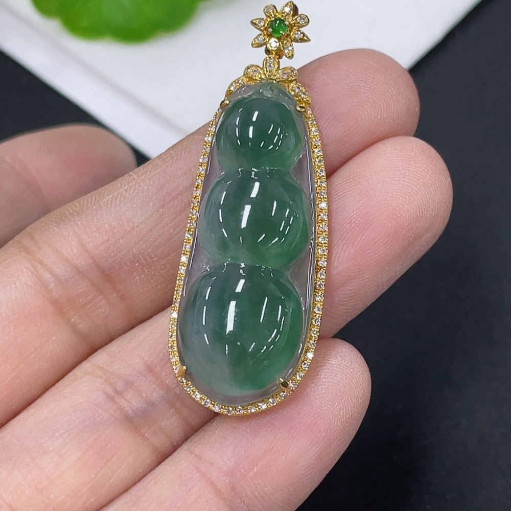 Jadeite Inlaid Lucky Bean Pendant with Diamond Accents . | Huiliu Certified