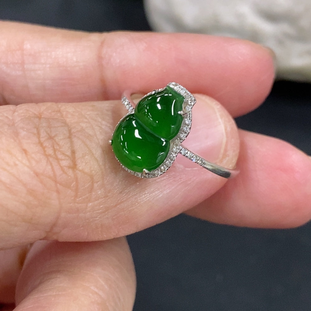 Jadeite gourd inlaid ring with 18K gold band and diamond accents, elegant jewelry piece from HKHQ.