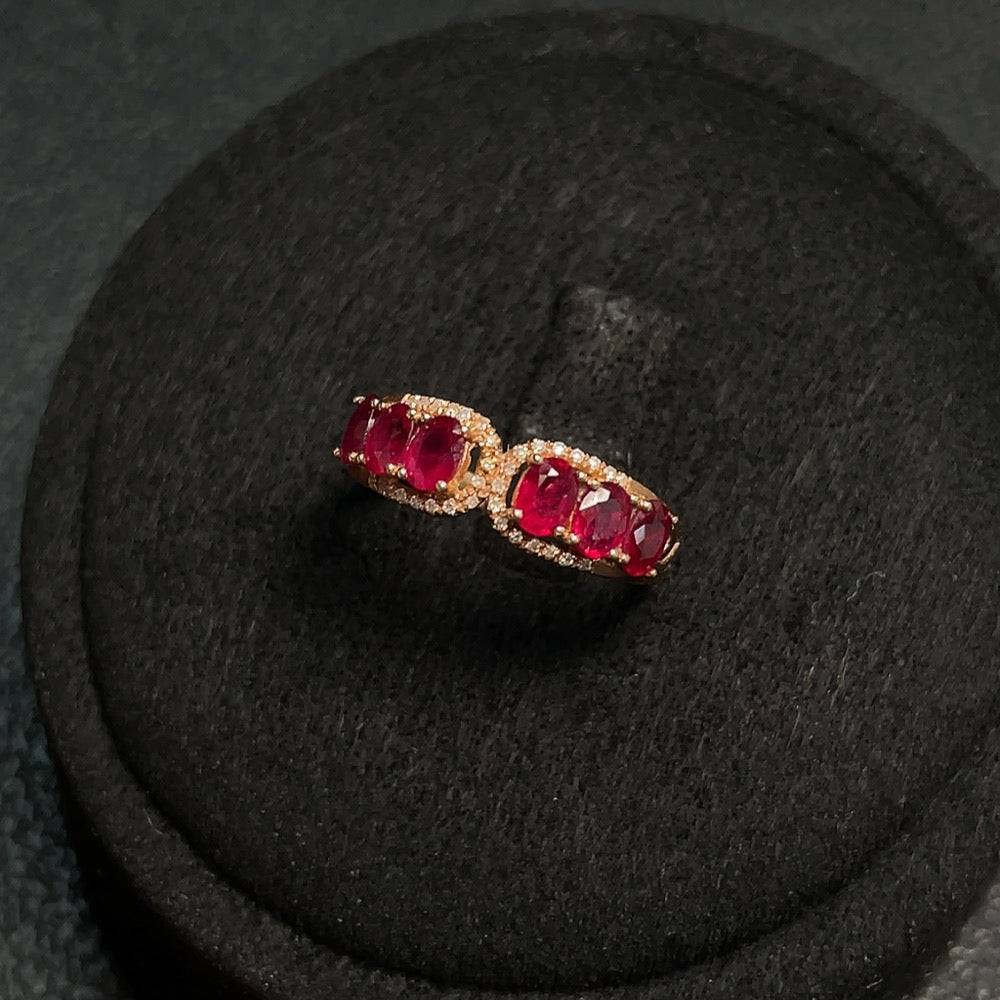 Huiliu Ruby Ring with diamond accents, filled gemstone jewelry featuring vibrant red rubies and sparkling diamond details.