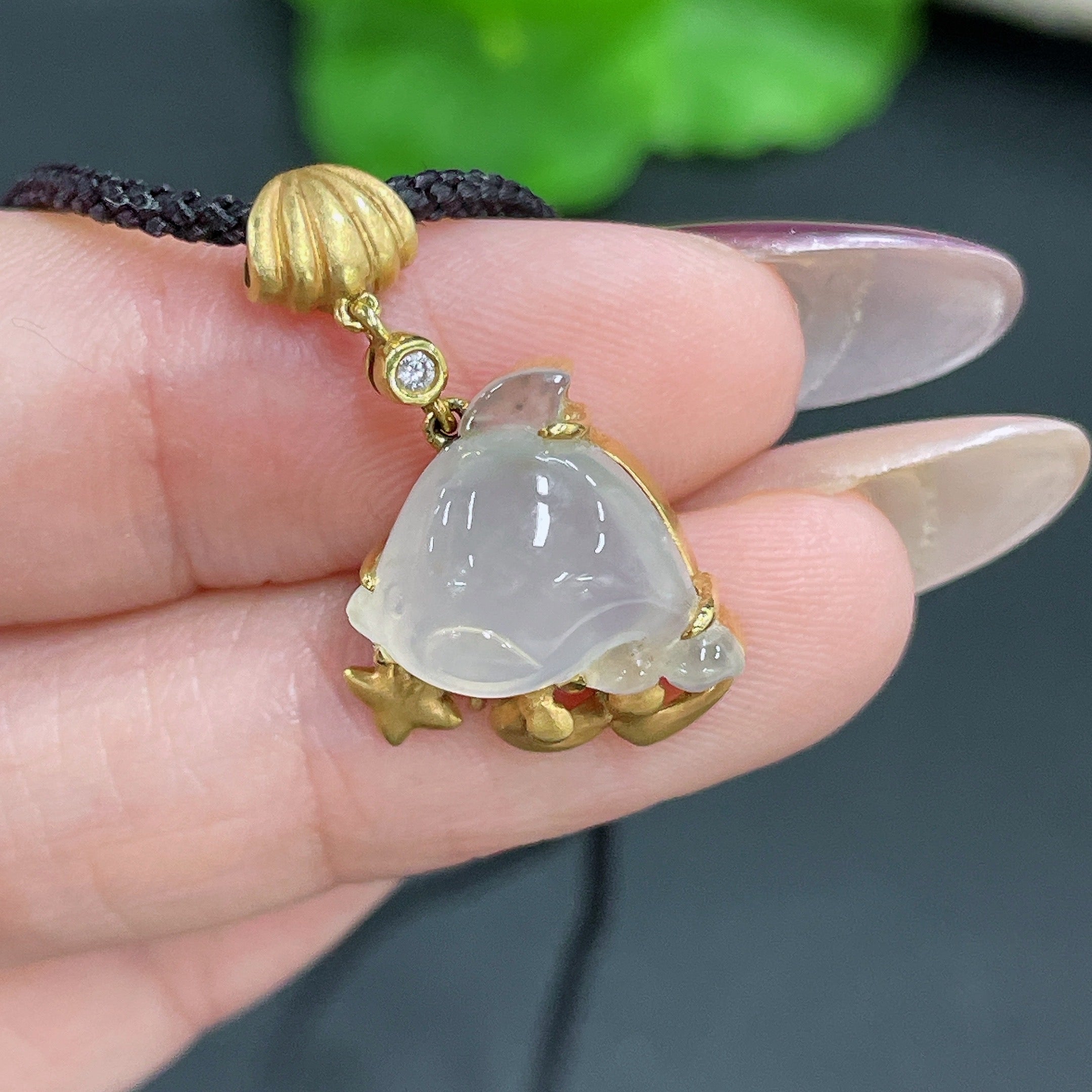 Jadeite Inlaid Pendant No Hallmark 18K Gold Content Diamond Accent Total Weight Approx. 5.28g (Including Cord)