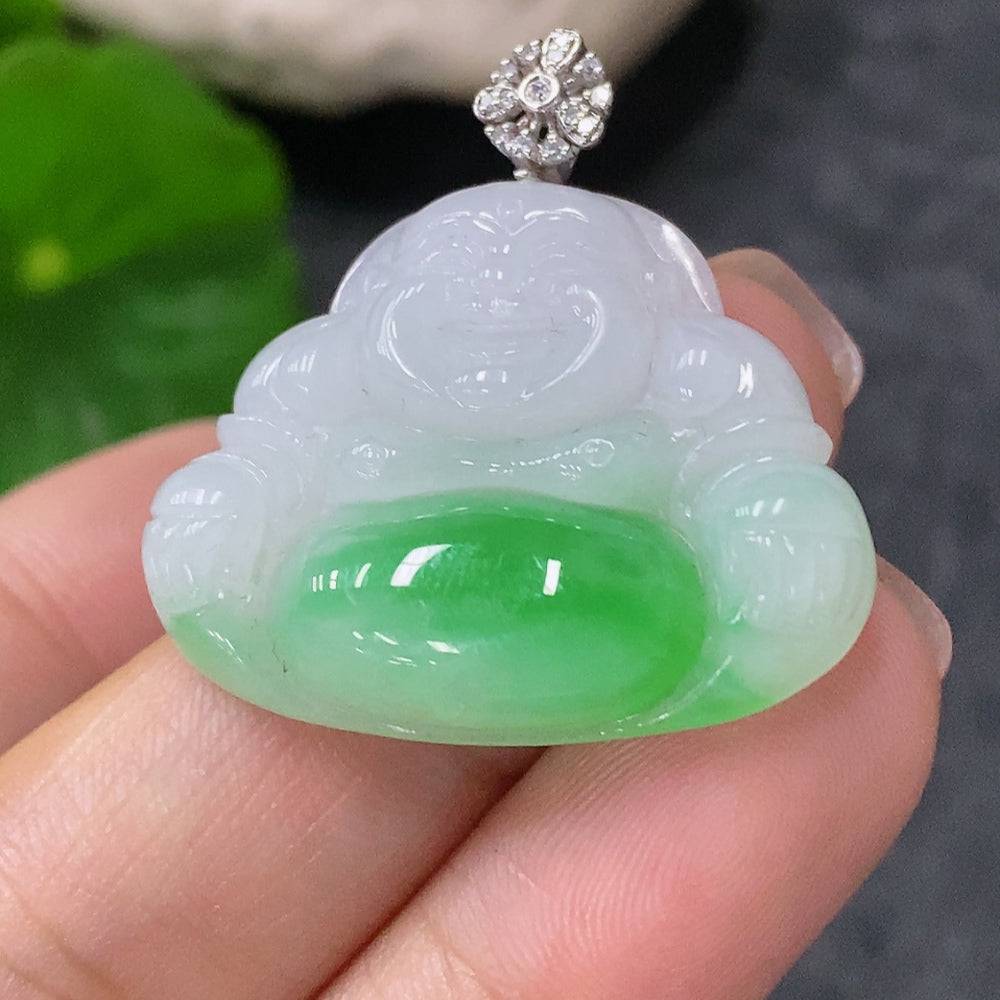 Jadeite Buddha pendant with 18k gold setting, weighing approximately 6.43g, featuring intricate carved design and smooth jade surface.