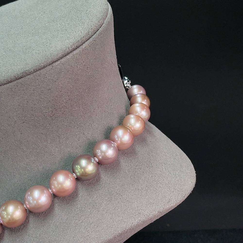 Huiliu certified pearl bead necklace with 14.1mm round pearls, elegant jewelry accessory on a white background.