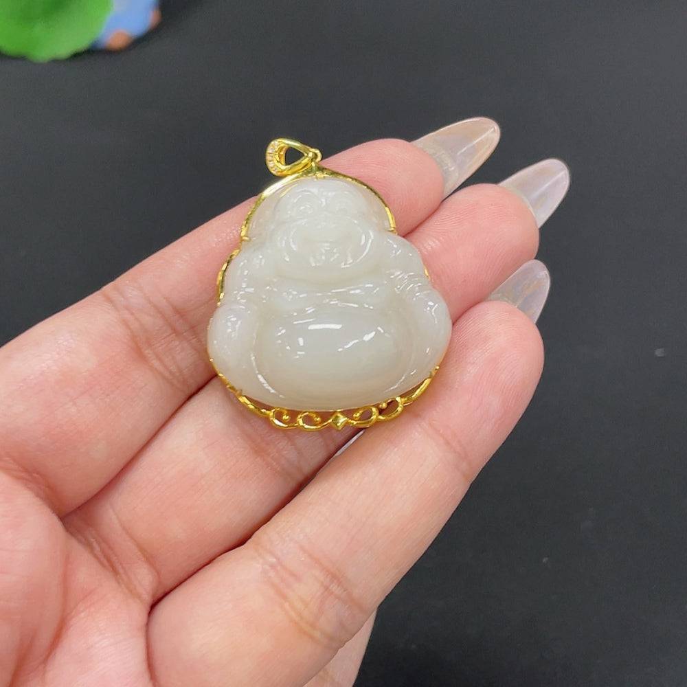 Huiliu Hetian jade inlaid pendant featuring a Buddha design, crafted from high-quality jade with intricate detailing.