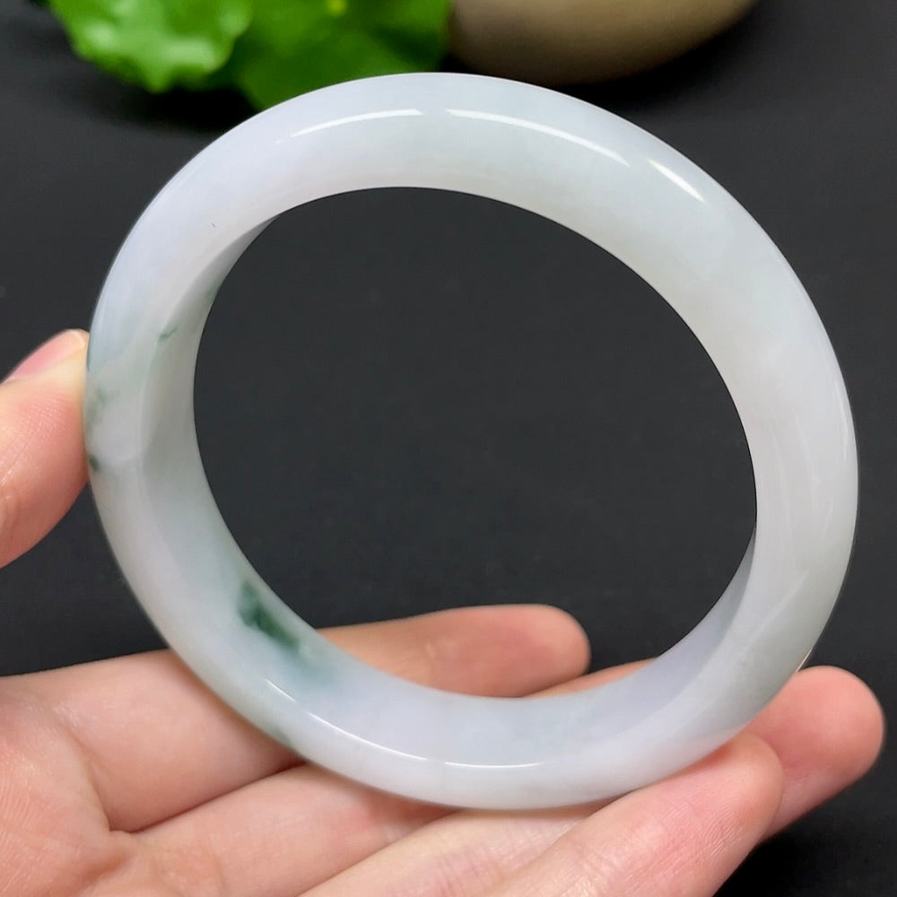 HKHQ jadeite round bangle, size 57.1, weighing 56.21g, featuring smooth, polished jadeite in a classic circular bracelet style.