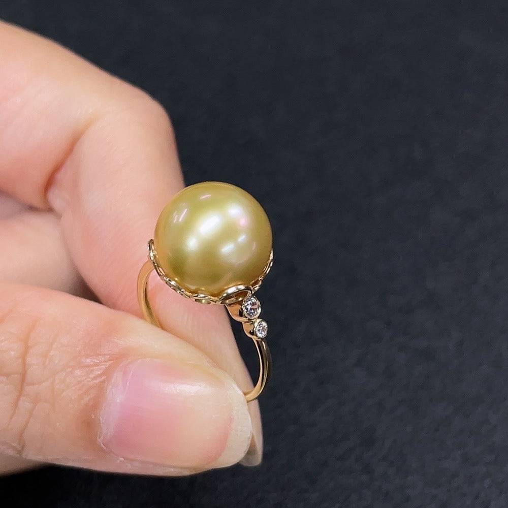 HUILIU HQ seawater pearl ring with undetermined color, 11.2mm pearl, gold content Au58%, size 13, weight 3.61g, non-diamond.