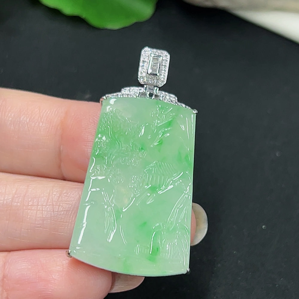 Jadeite landscape pendant with 18K gold and diamond accents, featuring detailed jade design and weighing approximately 9.7 grams.