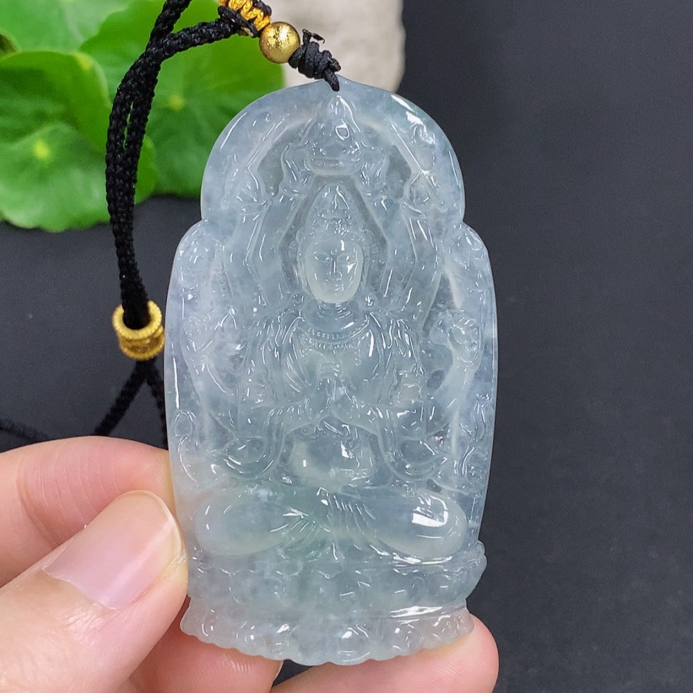 Jadeite Thousand-Hand Guanyin pendant necklace by HKHQ featuring a detailed carved Guanyin figure in green jadeite.
