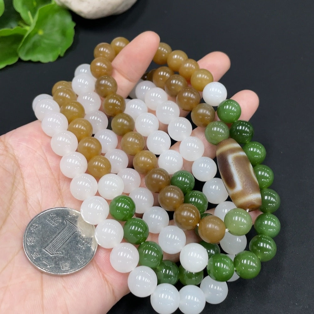 Hetian Jade Bead Necklace, Approx. 9.5mm, Non-Hetian Jade Beads Included, Total Weight Approx. 153.4g