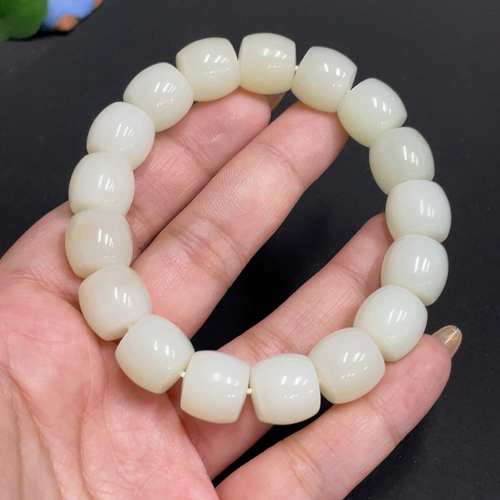 Hetian Jade Bracelet . 12.8 mm Beads . | Huiliu Certified