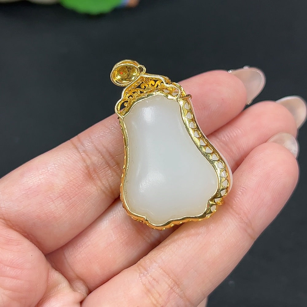 Hetian Jade Inlaid Pendant Ping Ping An An Total Weight Approx. 18.3g 18k Non-Diamond