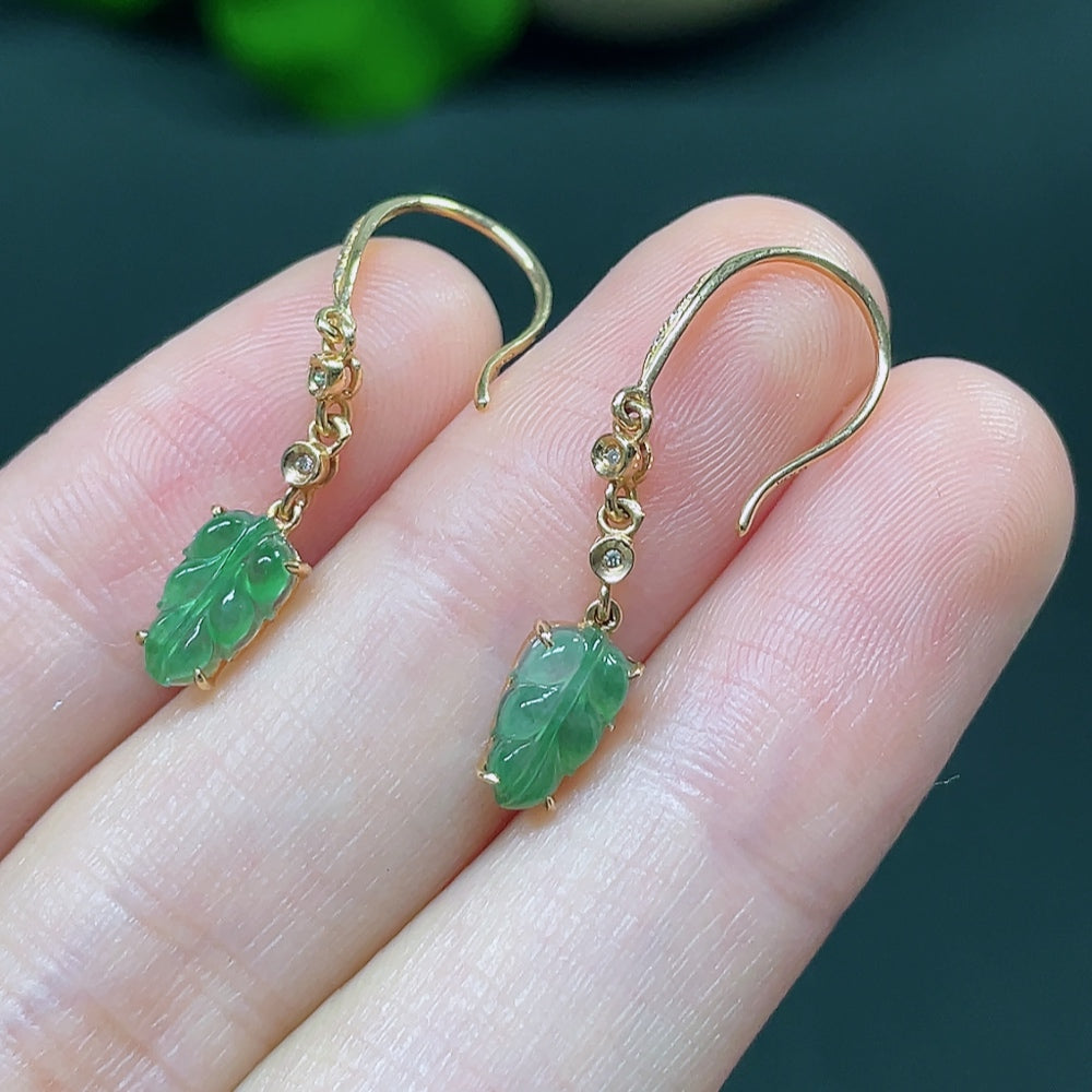 Jadeite Leaf Inlaid Earrings 18k