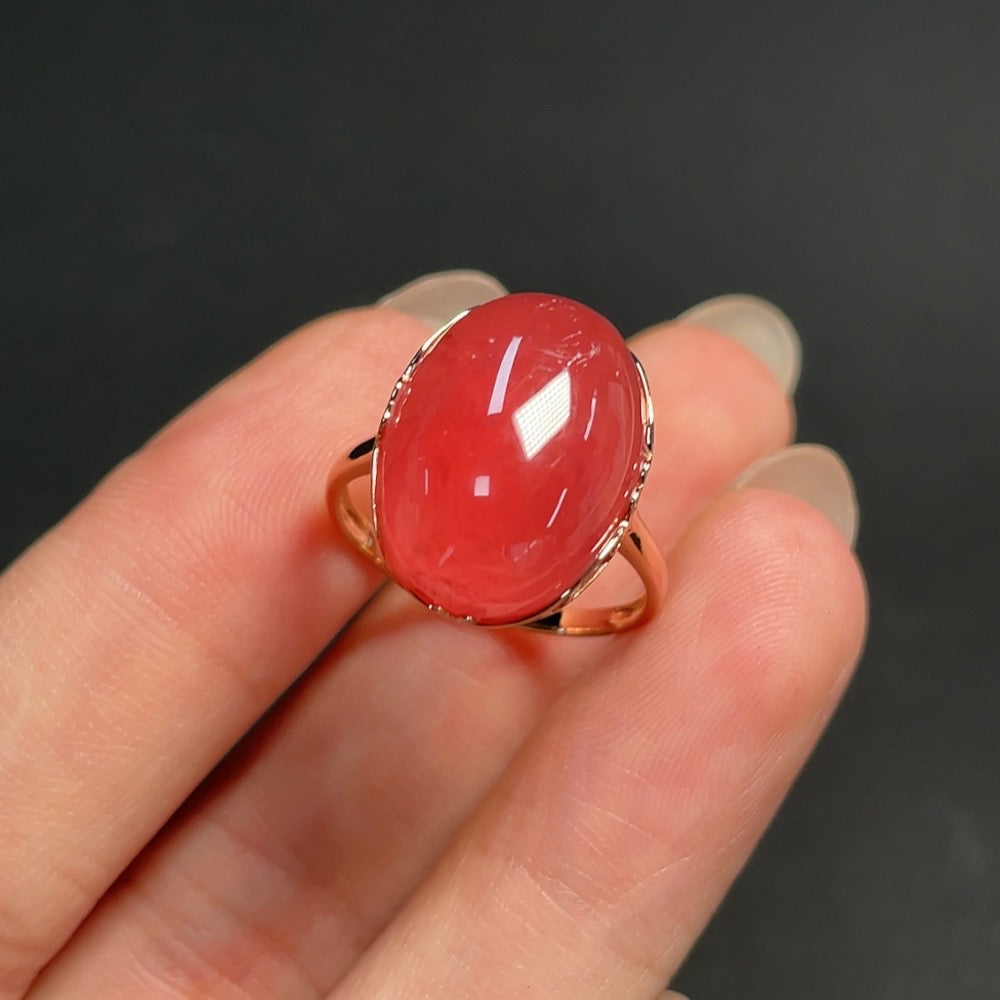 Rhodochrosite inlaid gemstone ring with 18K gold band and 9K gold setting, size 15, showing organic matter details.
