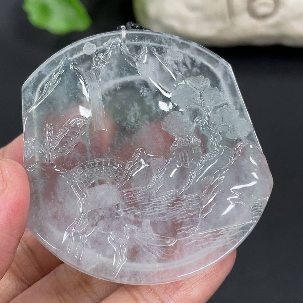 Jadeite pendant with landscape design on HUILIU HQ jade, including rope, weighing 23.84g, showcasing intricate craftsmanship.