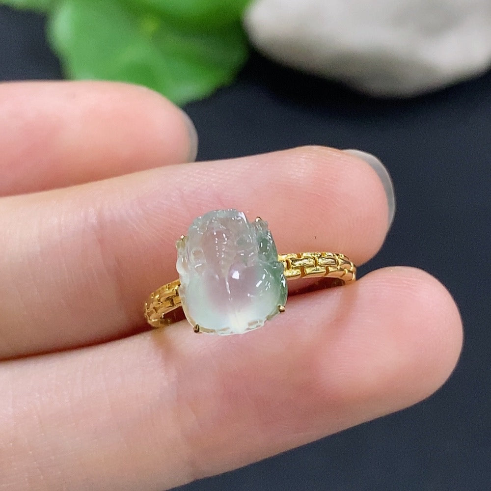 Jadeite inlaid ring with 18k gold band, size 12, from HKHQ, featuring intricate jade design and a total weight of 2.45g.