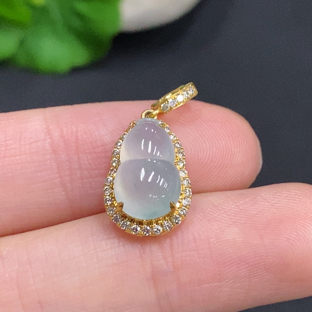 Jadeite Gourd Inlaid Pendant . (with Diamond Inlays) | Huiliu Certified