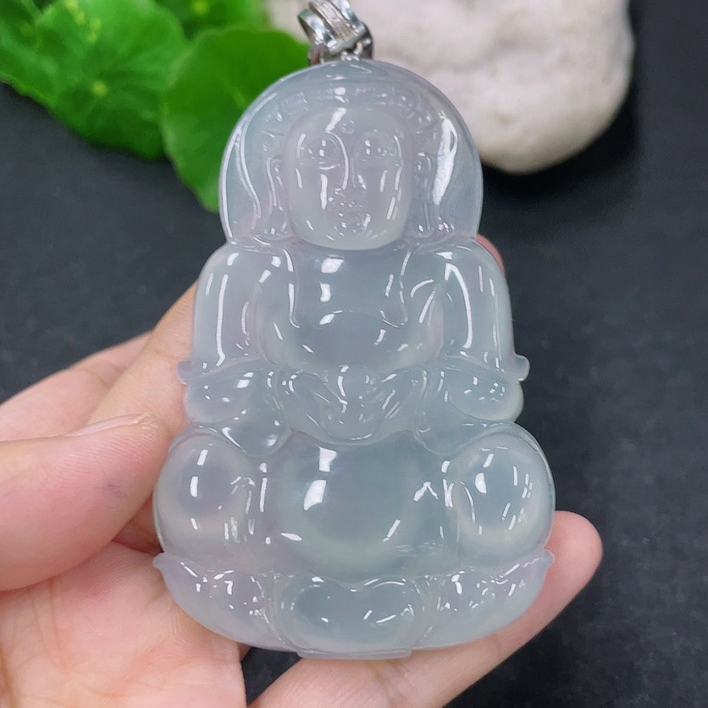 Jadeite Guanyin pendant necklace with 18k clasp, natural jadeite, weighing 42.15g, featuring detailed carving and a smooth surface.