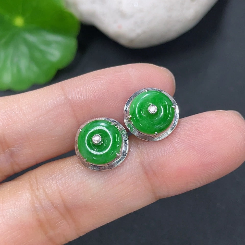Jadeite Earrings with 18k Ear Caps, 14k Main Body, and Diamond Accents, Total Weight Approximately 2.1g
