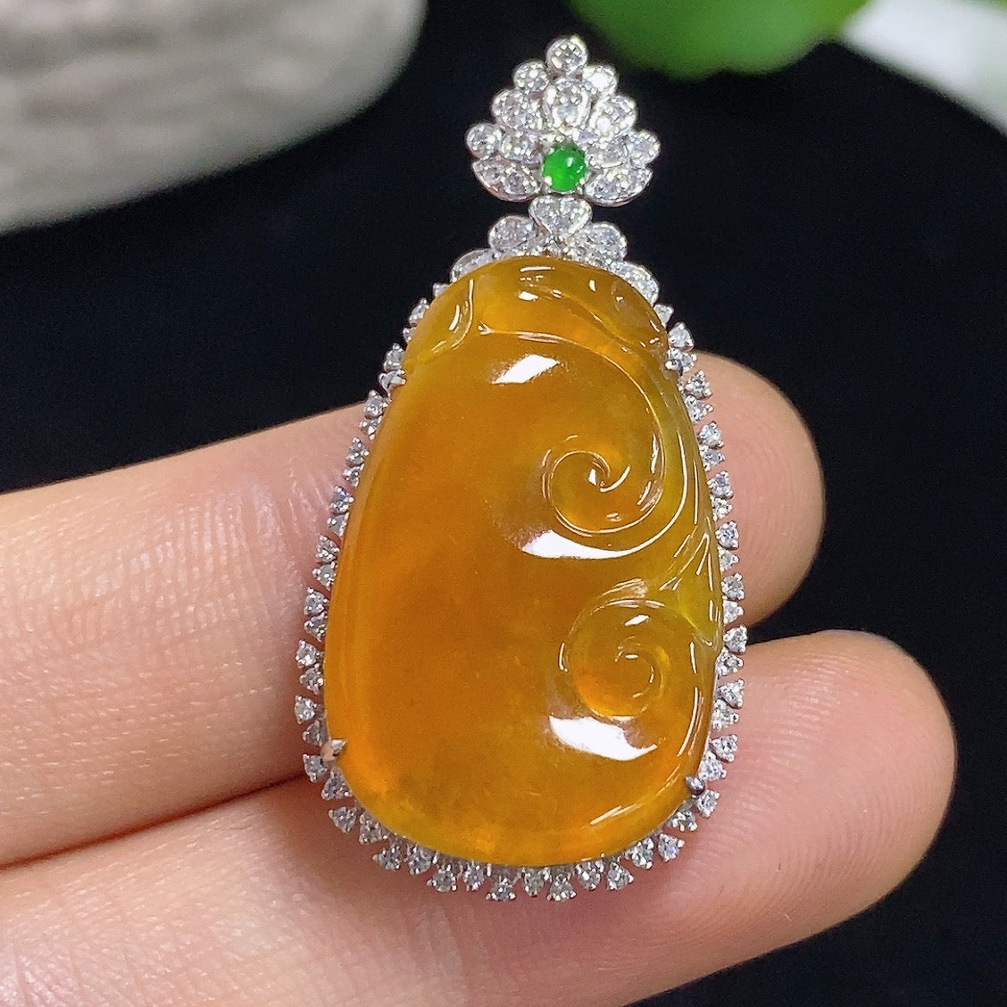 Jadeite Ruyi Inlaid Pendant with 18K Gold and Diamond Accents, Color Origin Undetermined