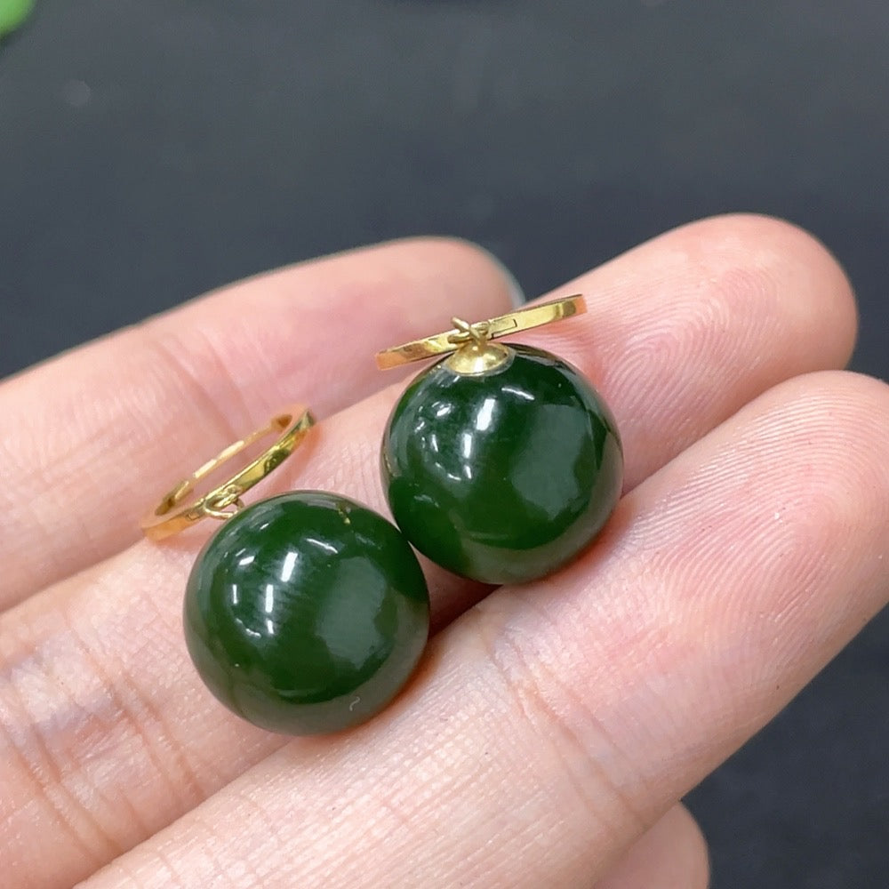 Huiliu Certified Hetian Jade Inlaid Earrings, 11.7mm, featuring smooth jade stones and intricate metalwork.