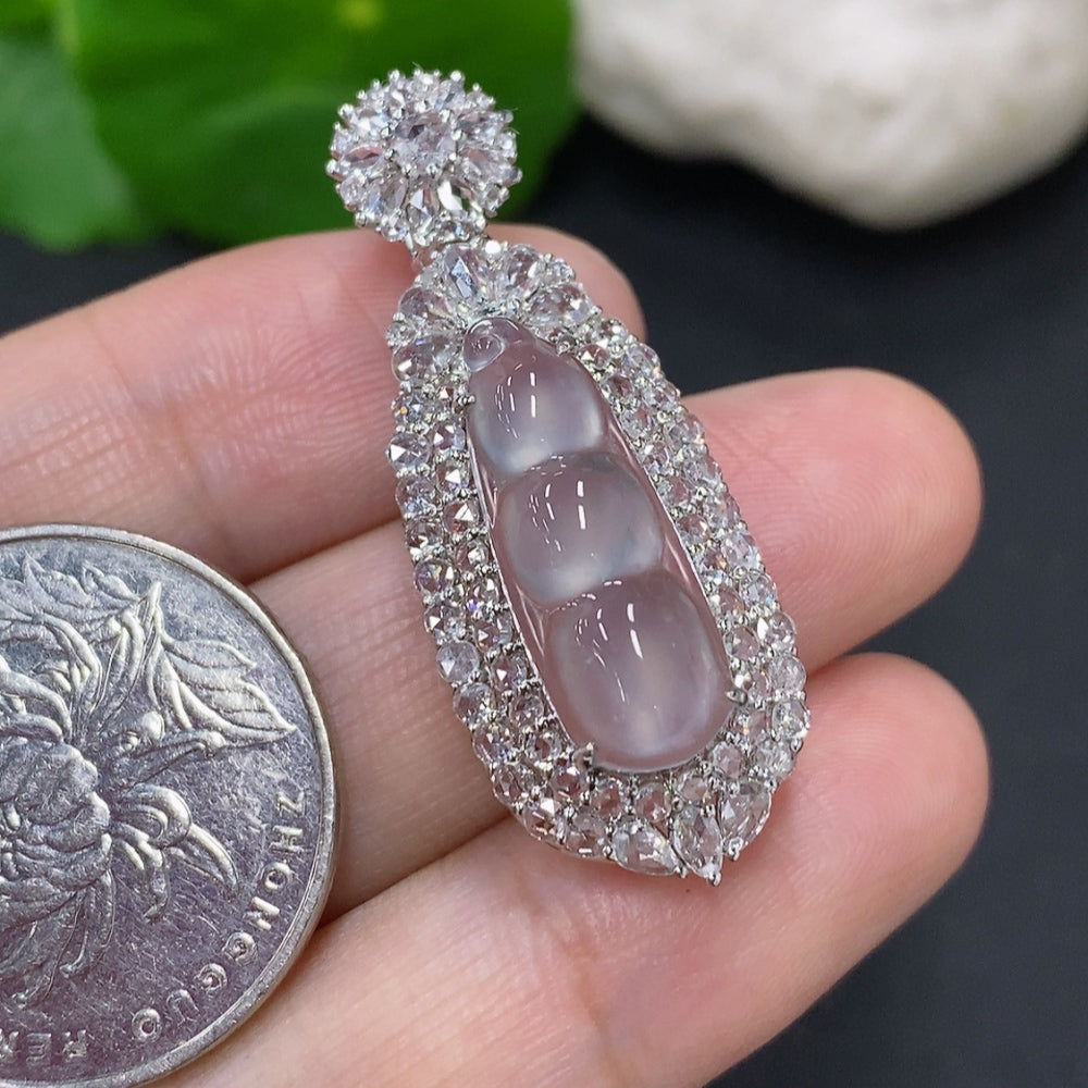 Jadeite Auspicious Bean Pendant in 18K Gold (Diamond Accented)