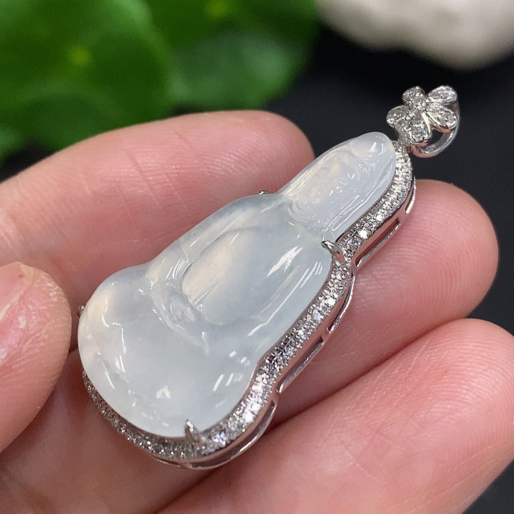 HUILIU HQ jadeite Guanyin pendant with diamond accents, intricate inlaid jade carving, displayed against a neutral background.