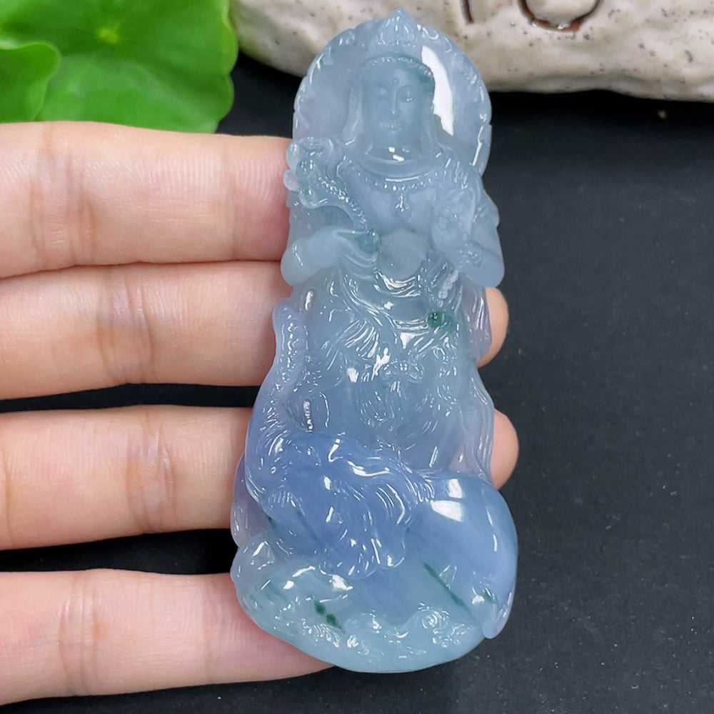 Jadeite pendant featuring Samantabhadra design from HKHQ, weighing 52.6g, displayed on a necklace.