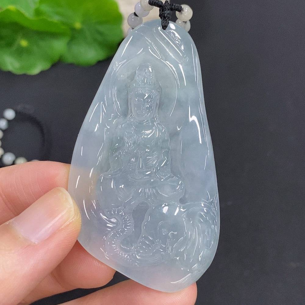 Jadeite Samantabhadra Bodhisattva pendant carved from green jade, featuring intricate detailing, designed by HUILIU HQ.