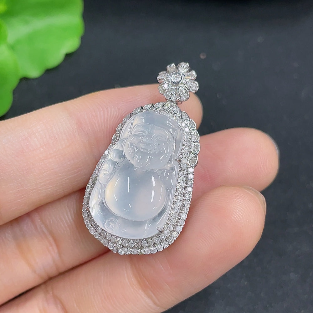 Jadeite Pendant God of Wealth 18k with Diamond Inlay