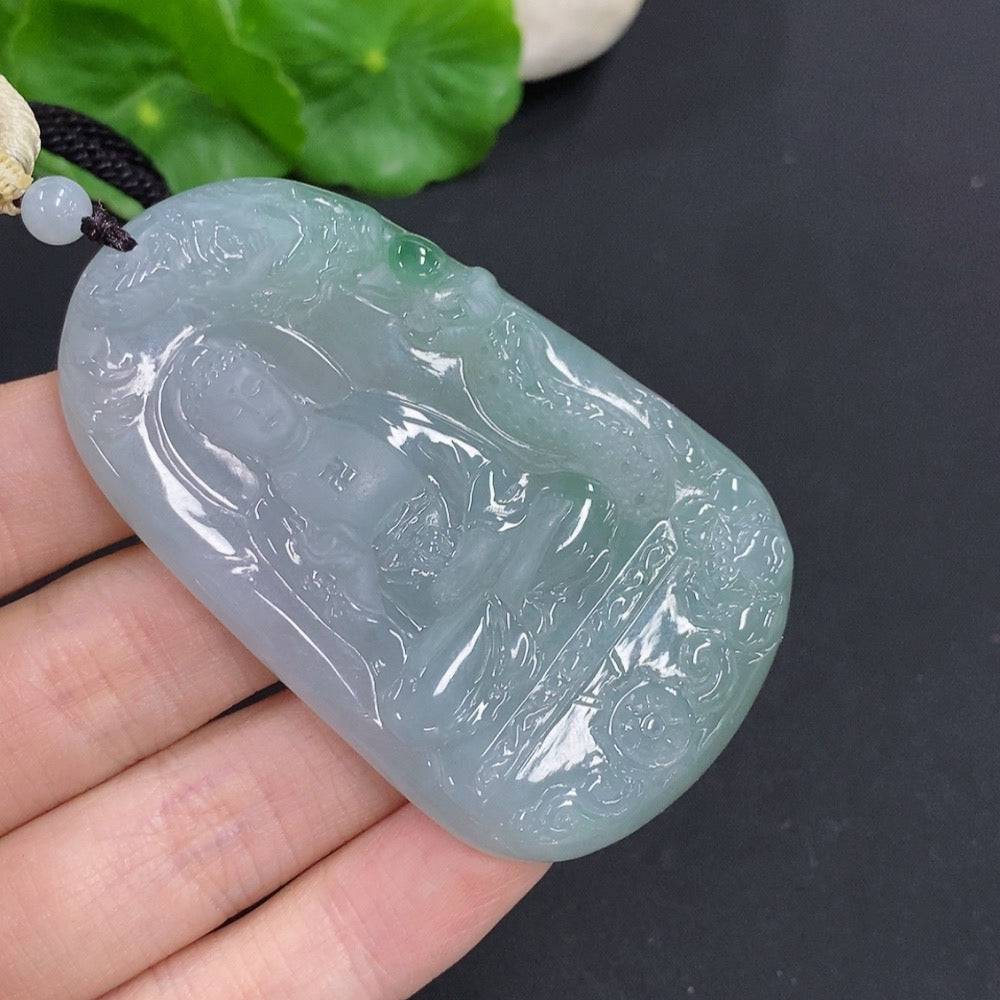 Jadeite Amitabha pendant made of green jade, featuring intricate carvings, from HUILIU HQ.