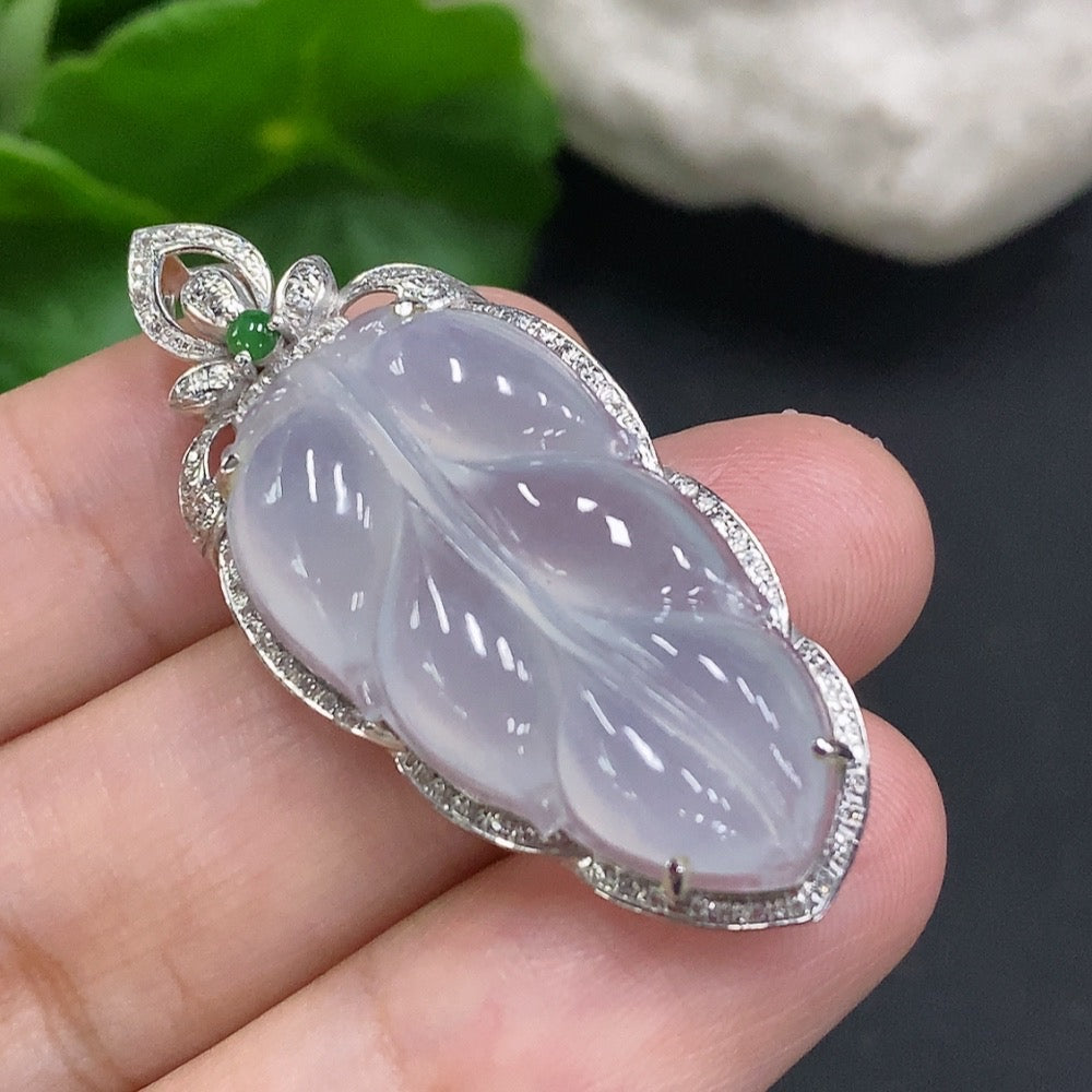 Jadeite Leaf Inlay Pendant . (With Diamond Accents) | Huiliu Certified